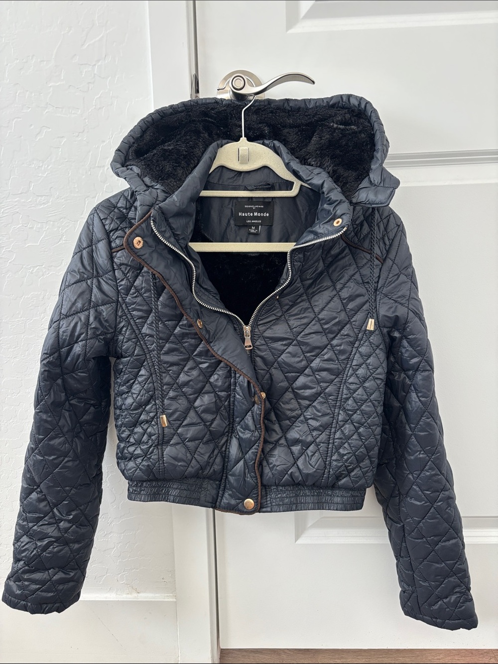 Haute Monde Black Quilted Hooded Cropped Puffer Jacket w/ Faux Fur Lining